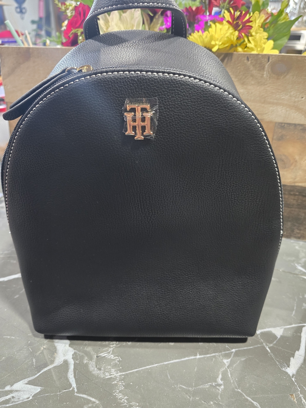 Tommy Hilfiger Black Pebbled Leather Mini Backpack with Gold Logo